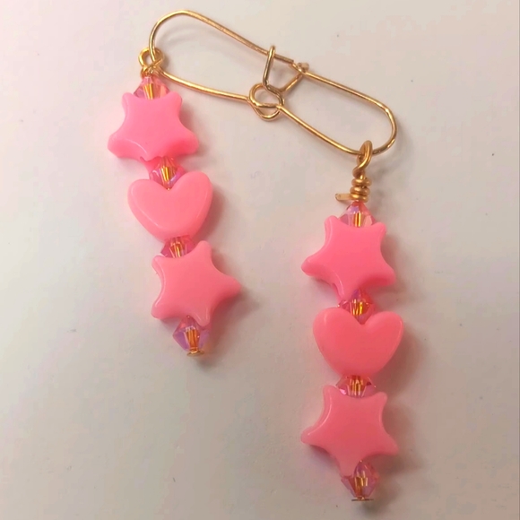 Pink Hearts And Star⁷s With Swarovski  Crystals Dangle Handcrafted Earrings - Picture 1 of 3